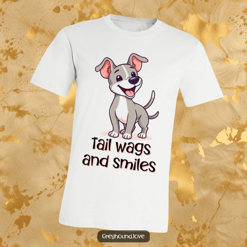 A joyful greyhound is shown wagging its tail enthusiastically on a comfortable t-shirt for dog lovers.