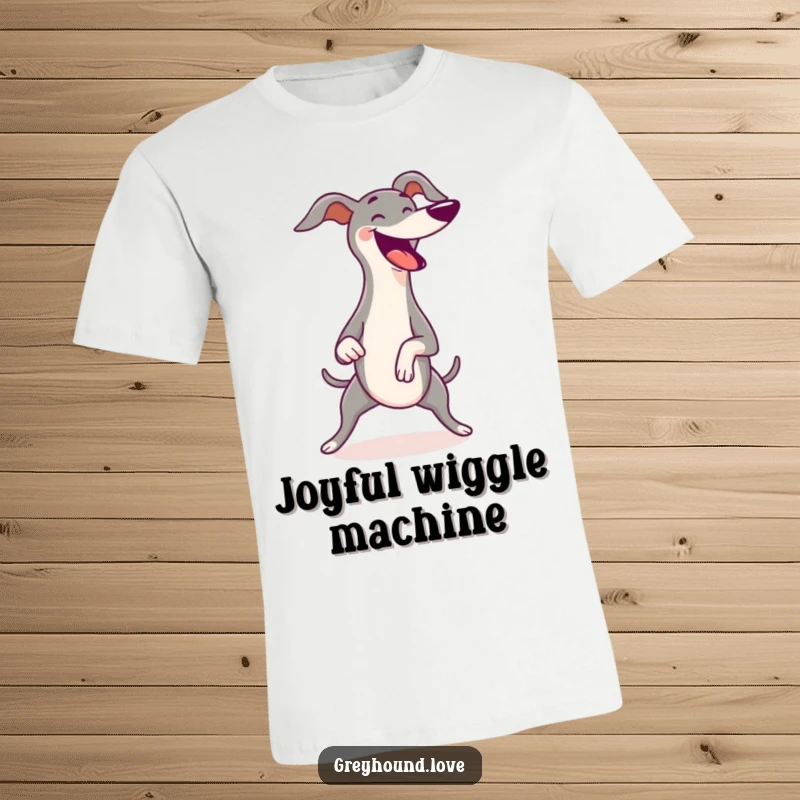 Funny Greyhound T-Shirt depicting a greyhound excitedly wiggling its body with pure joy, a comical representation of uncontainable happiness.