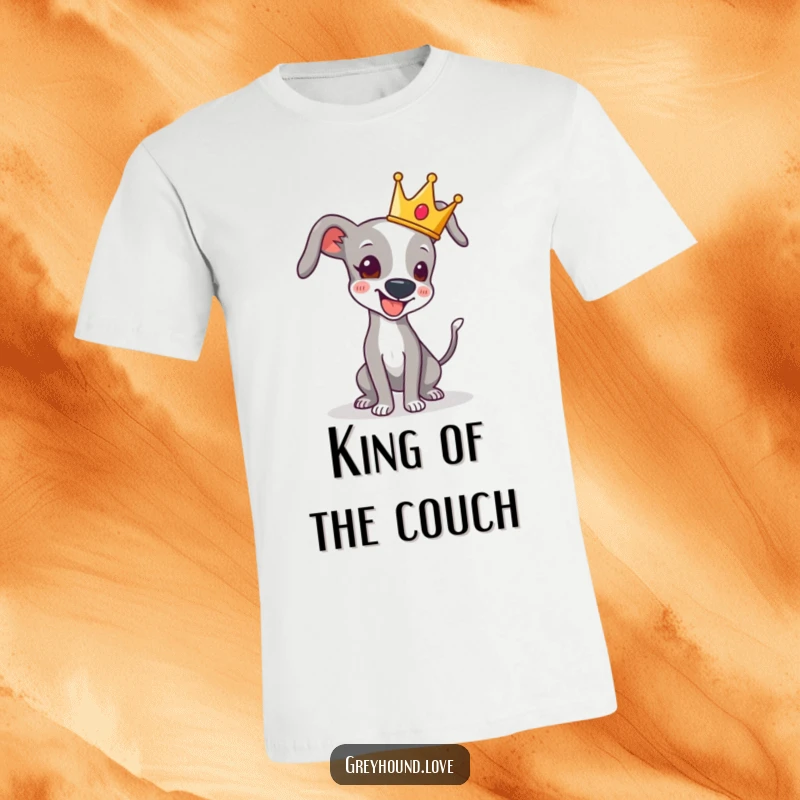 Funny T-shirt graphic of a greyhound wearing a miniature crown, its tail wagging with pure, unadulterated delight.