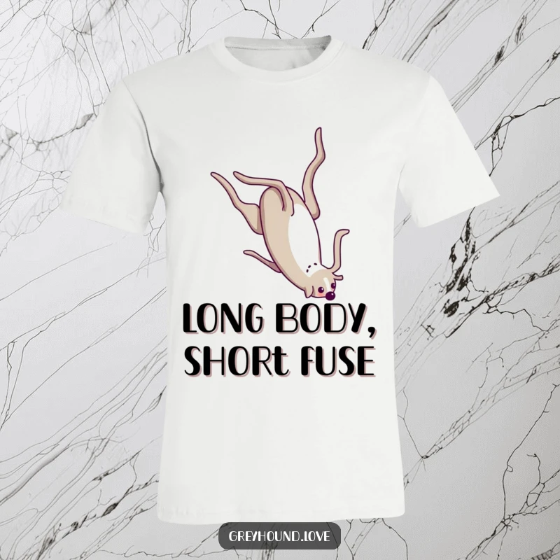 Funny T-Shirt featuring a greyhound comically doing a full-body somersault, highlighting its long and flexible physique.