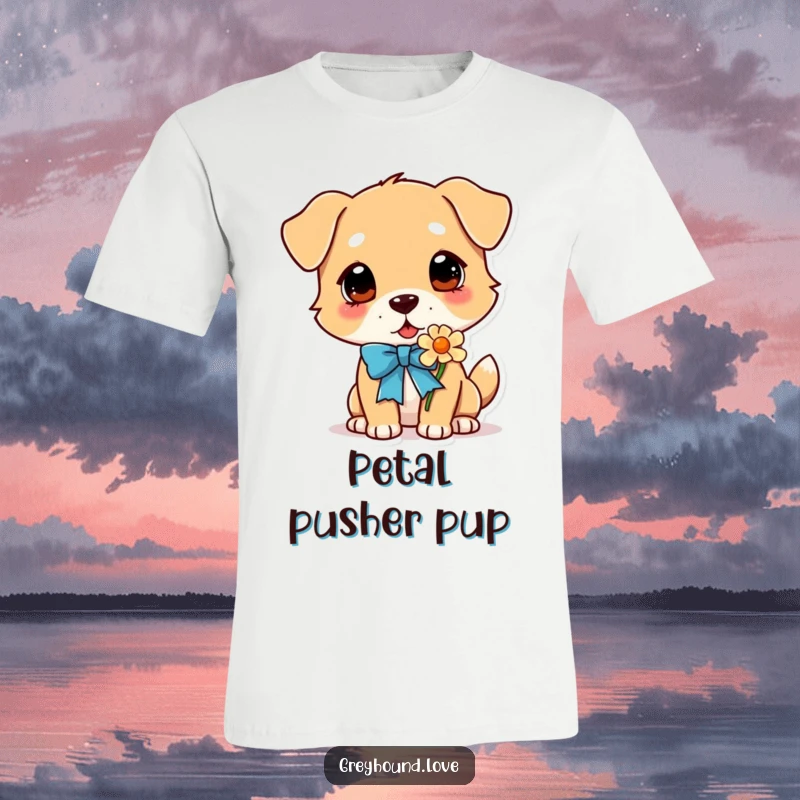 Funny Dog T-Shirt: An adorable dog wearing a bright ribbon, eagerly sniffing a flower, capturing a moment of pure contentment.