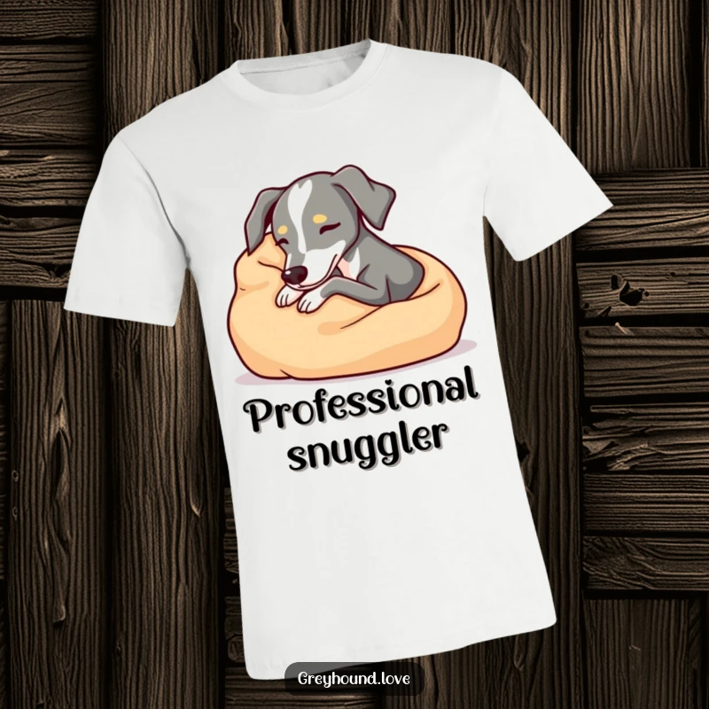 Cozy greyhound t-shirt, snuggling comfortably in a soft blanket, relaxed and peaceful dog graphic, ideal funny gift for comfort lovers.