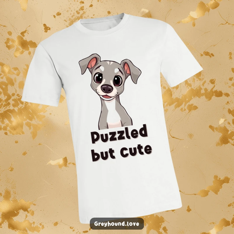 Funny T-Shirt depicting a greyhound with wide, innocent eyes, its head tilted inquisitively, inviting a smile.