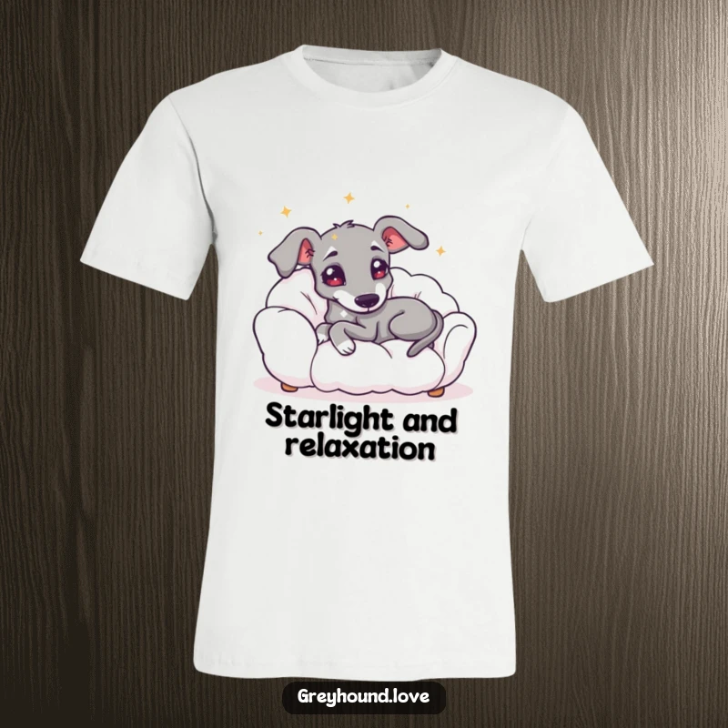 Funny T-shirt graphic of a greyhound with sparkling, starry eyes, lounging contentedly on a plush cloud sofa.