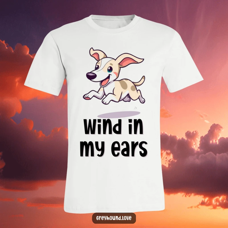 Funny t-shirt featuring a greyhound in full sprint with ears flying and a joyful expression, a must-have for happy dog lovers.