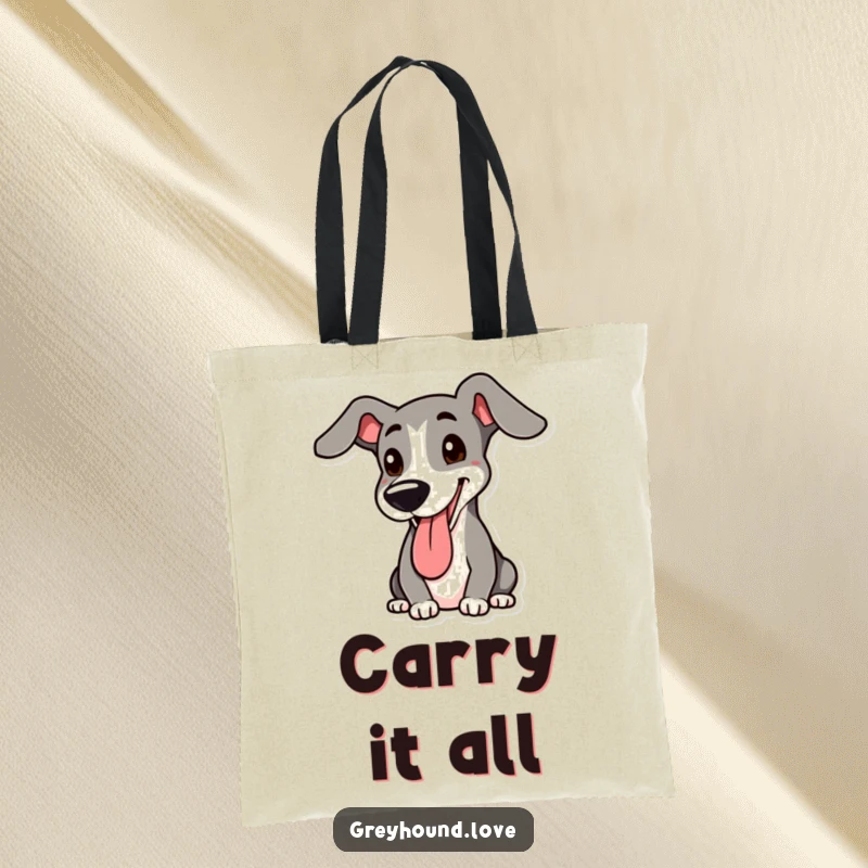 Funny Greyhound Tote Bag: A cheerful greyhound panting happily with its floppy ear up, showcasing a love for dogs.