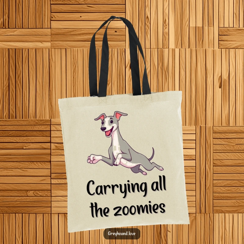 Funny greyhound tote bag with a sleek dog and oversized paws leaping joyfully, perfect for carrying items with canine flair.