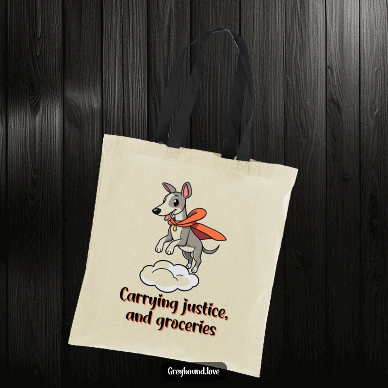 Funny tote bag depicting a greyhound in a cape making a dramatic leap from a cloud, ready for any quest.
