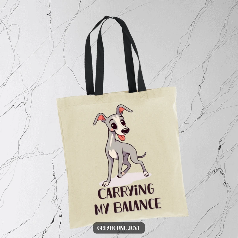 Funny, sleek, kawaii greyhound comically trips over its long legs, making it a humorous and stylish accessory for dog lovers.