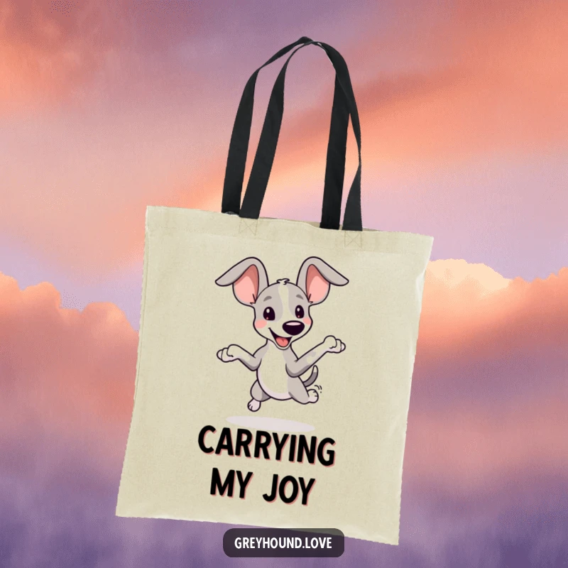 Funny Greyhound Ears Tote Bag: A playful greyhound with oversized ears leaps joyfully, ready to carry your items with fun and flair.