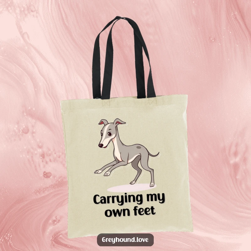 A kawaii greyhound character comically tripping over its own long legs, printed on a durable tote bag.