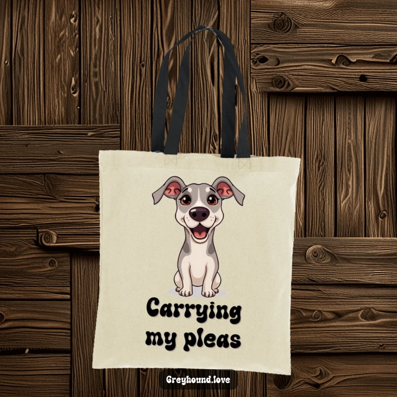 Funny Greyhound Tote Bag depicting a greyhound begging with a head tilt and pleading eyes, a comical symbol of adorable persuasion.