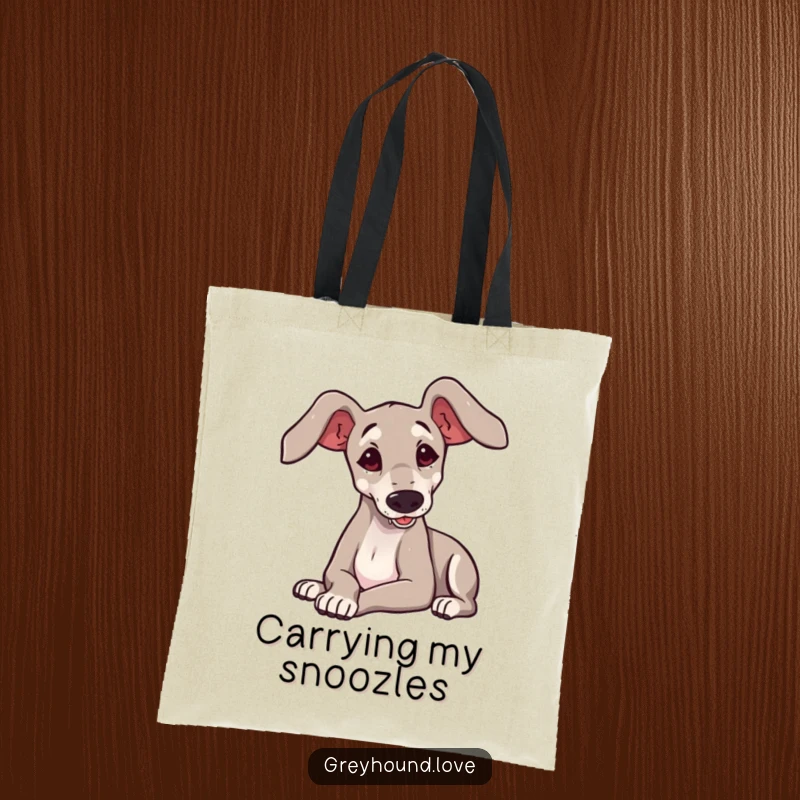 Funny greyhound with large ears playfully flopping onto its side, on a durable tote bag.