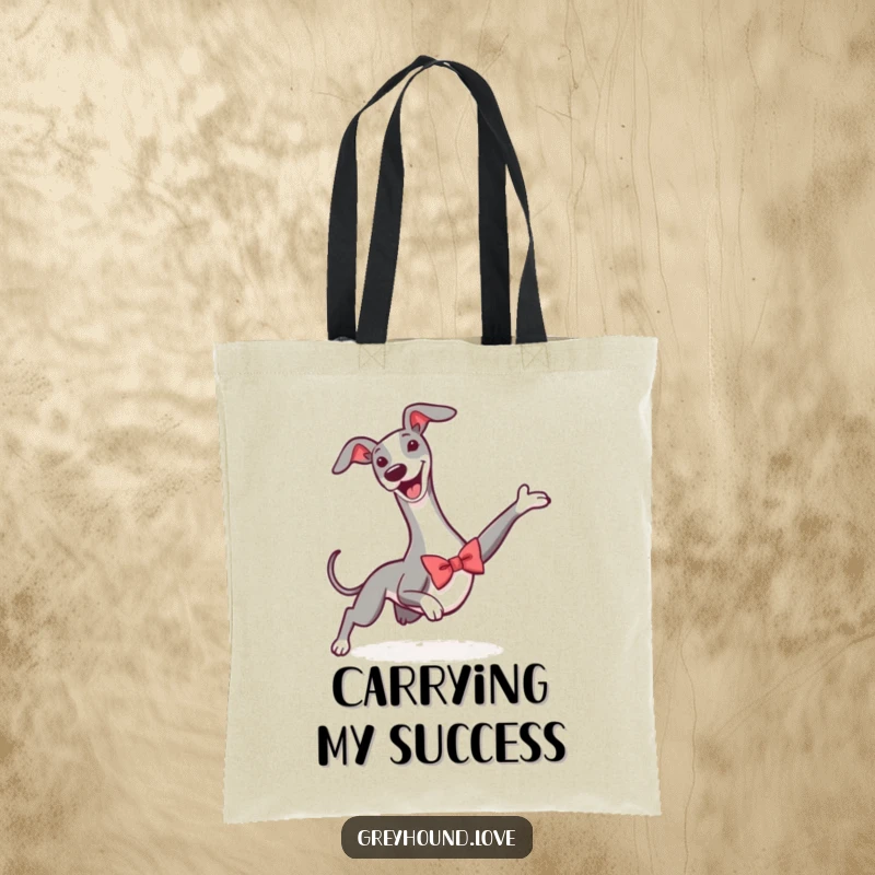 Funny tote bag illustrating a greyhound in a small bowtie, executing a celebratory slide with impressive athleticism and flair.