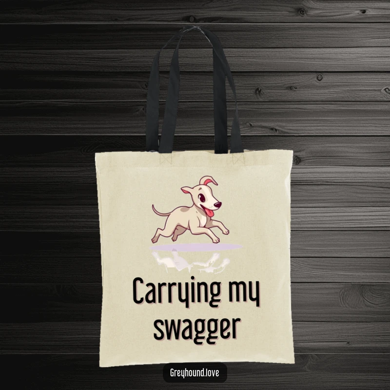 Funny Greyhound Tote Bag: A greyhound slides gleefully across a slick floor with its tongue out.