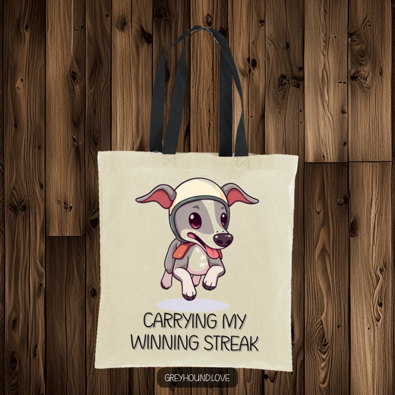 Funny Greyhound Helmet Tote Bag: A cute greyhound in a tiny helmet zooms forward, tongue lolling, a hilarious accessory for daily use.