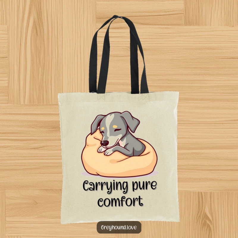 Cozy greyhound tote bag, snuggling comfortably in a soft blanket, relaxed and chic dog accessory, perfect funny gift for pet owners.