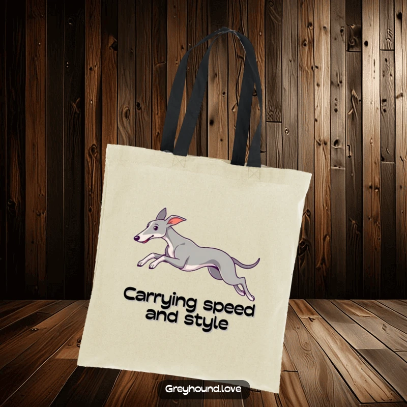 A sleek greyhound leaps elegantly, ears trailing, featured on a durable tote bag for stylish transport.