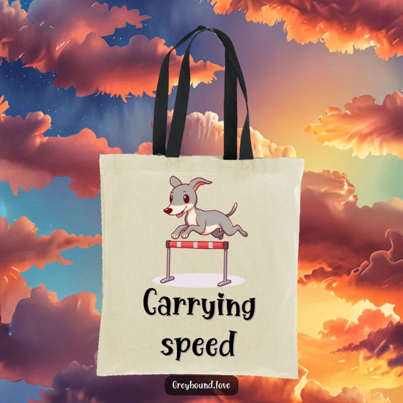 Funny tote bag with a greyhound character playfully leaping over a tiny hurdle, perfect for carrying essentials with a sporty flair.