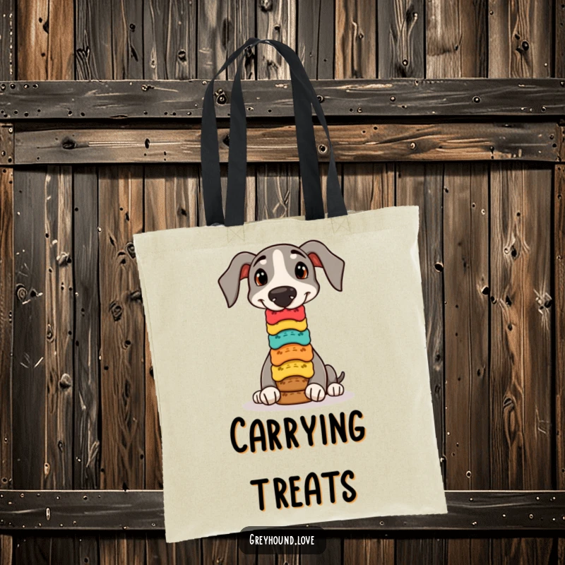 Funny greyhound biscuit balance tote bag, showcasing a clever dog balancing a pile of colorful treats.