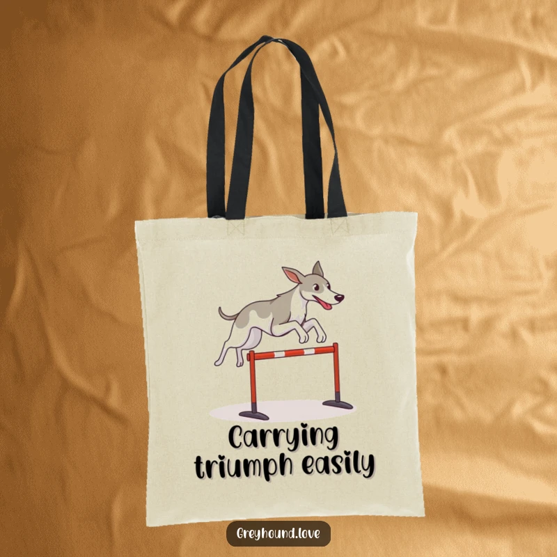 Funny Greyhound tote bag illustrating a stylized dog leaping over a hurdle, combining style and motivational humor.