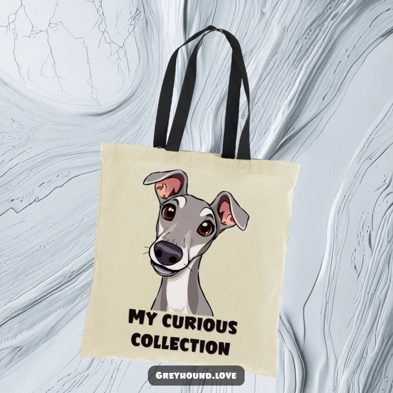 A curious greyhound tilting its head with wide eyes is featured on a durable tote bag.
