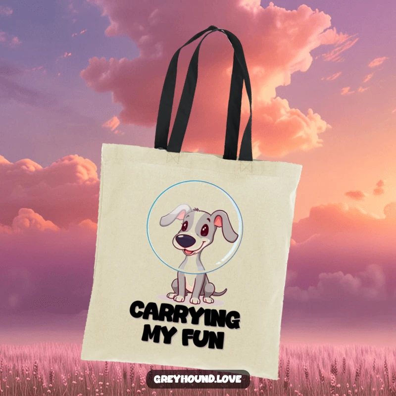 Funny Tote Bag: A greyhound playfully boops a large bubble with its wet nose, bringing funny, lighthearted vibes.