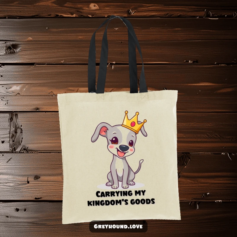 Funny tote bag displaying a greyhound wearing a small crown, its tail wagging with playful excitement, ready for any outing.