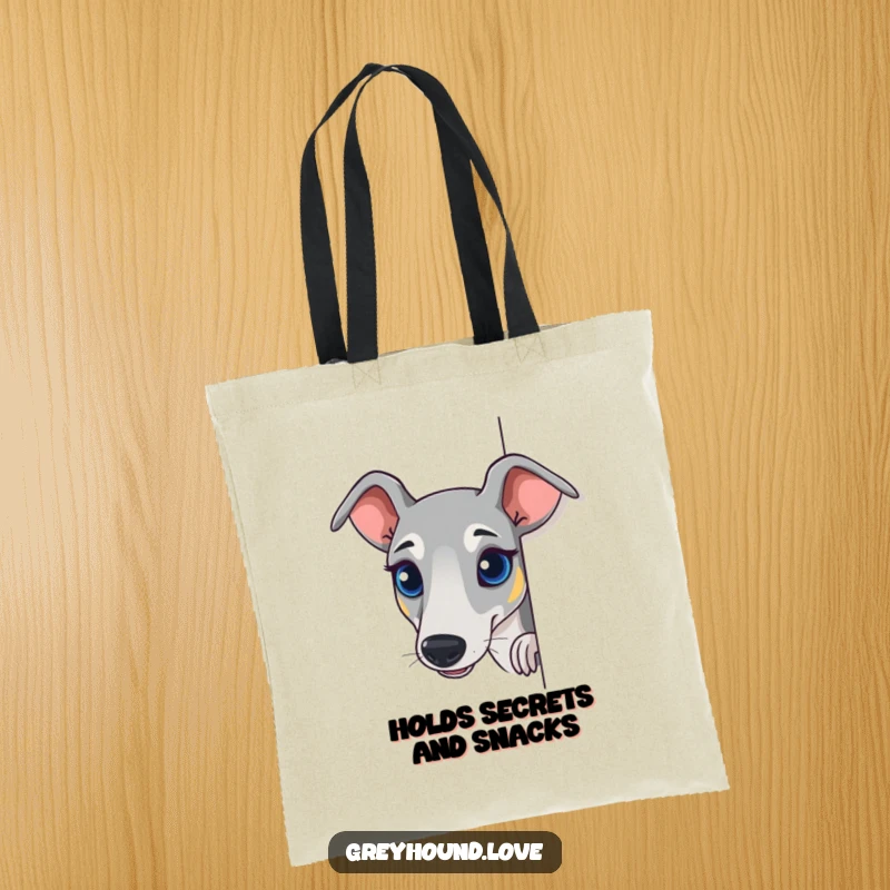 Funny Greyhound Tote Bag with a dog peeking around a corner, designed for curious minds and everyday use.