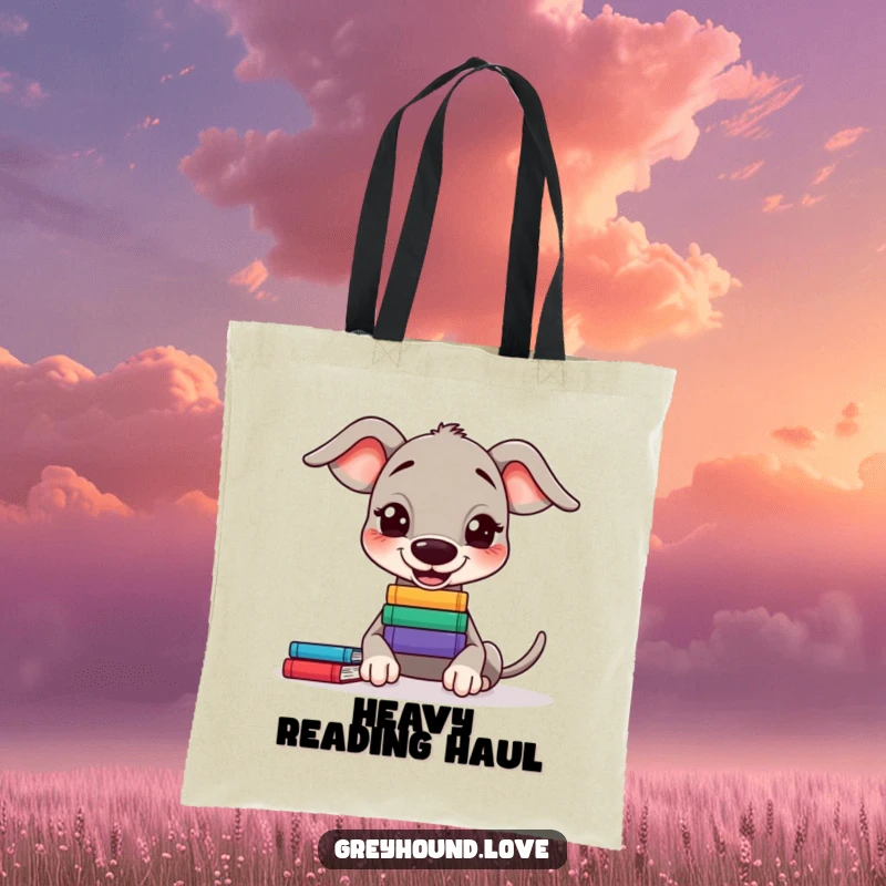 Funny Greyhound Tote Bag: A greyhound balances a small stack of books on its nose with a smile.