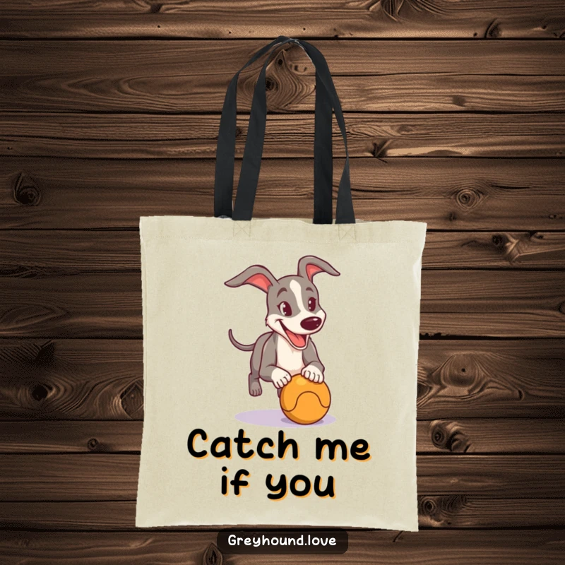 Funny Tote Bag showcasing a happy greyhound with laser focus, determinedly chasing a ball, ready for adventure.