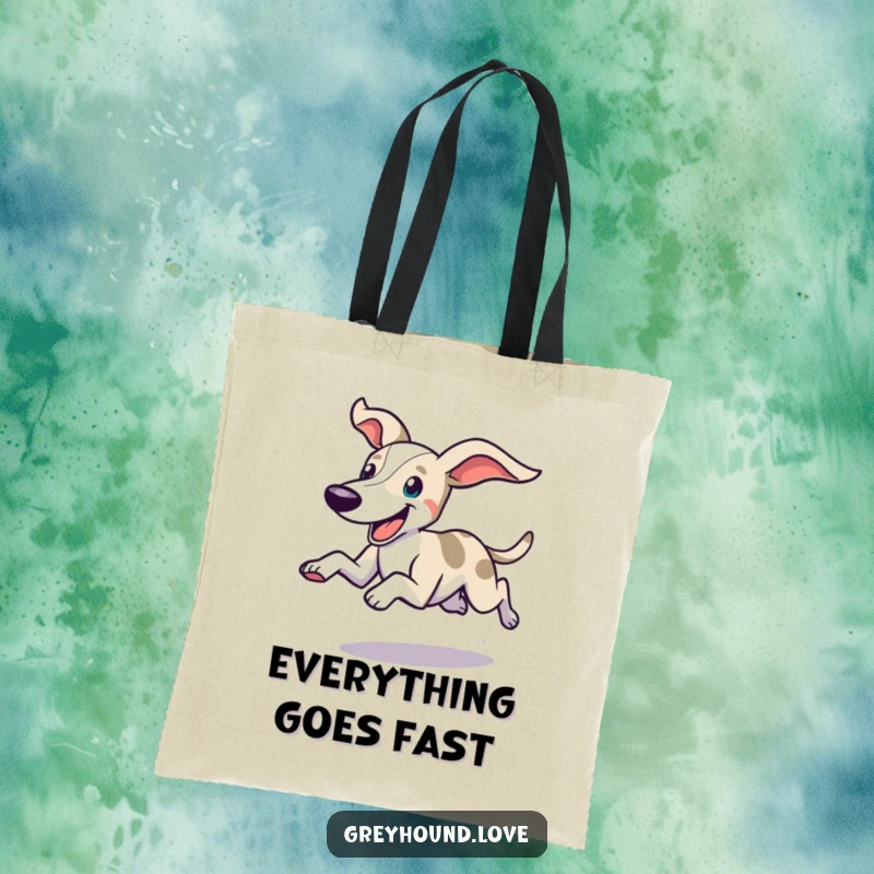 Funny tote bag with a greyhound dashing at full speed, ears flying, and a happy expression, perfect for carrying daily items.