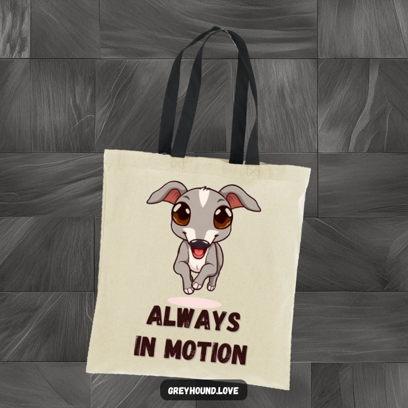 Funny tote bag featuring a greyhound with large, expressive eyes running joyfully, ideal for carrying dog park essentials or daily items.