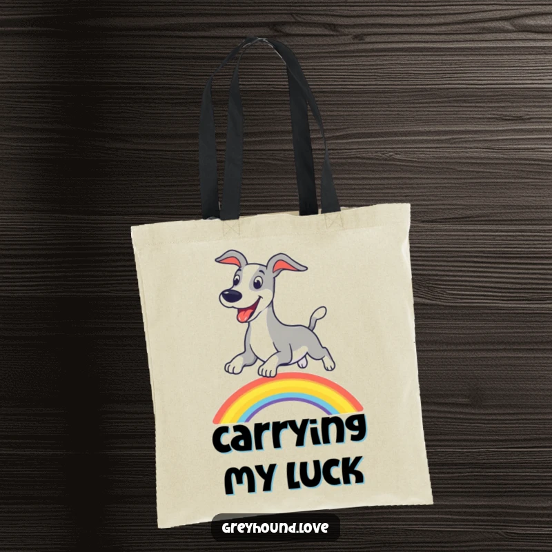 Funny greyhound rainbow tote bag, showcasing a joyful dog leaping over a vibrant arc of color.