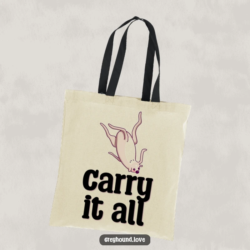 Funny Tote Bag showcasing a greyhound in the middle of a comical somersault, demonstrating its flexibility.