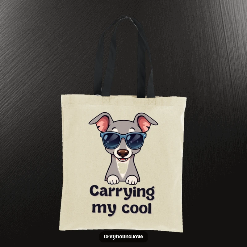 Funny tote bag showing a greyhound wearing oversized sunglasses and giving a cool, confident wink, perfect for stylish errands.