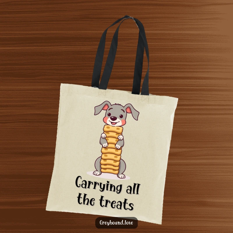 Funny TOTE BAG: A greyhound shows off incredible balance, stacking dog biscuits high on its nose. A funny accessory.