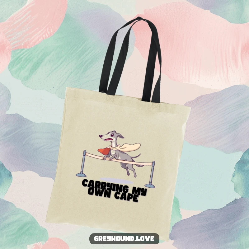 Funny greyhound superhero crossing finish line on a sturdy tote bag, ideal for carrying groceries or gifts.