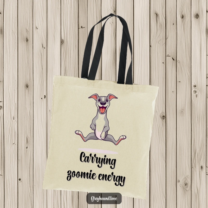 Funny Greyhound Tote Bag illustrating a greyhound captured in a hilarious zoomie, legs comically splayed, embodying pure, uninhibited canine delight.