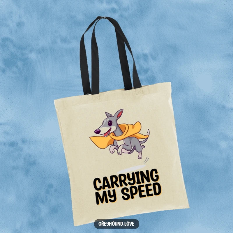 Funny superhero greyhound tote bag, wearing tiny cape, running at top speed, fast and stylish dog accessory, perfect funny gift.