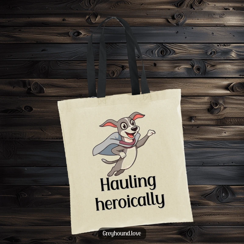 Funny Tote Bag: A greyhound in a superhero cape leaps with exaggerated funny enthusiasm, ready for any adventure.